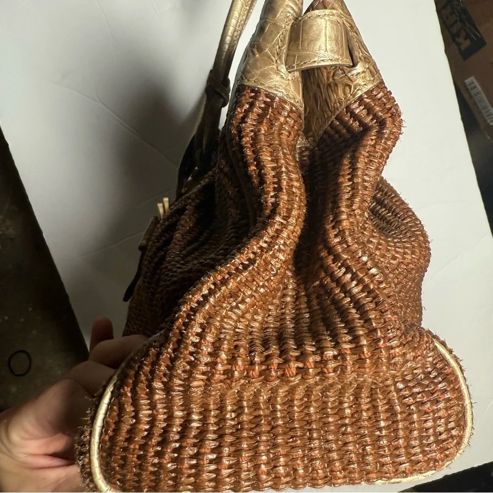 Brahmin Straw Satchel Bag Gold Crocodile Leather Brown Croc Shimmer
